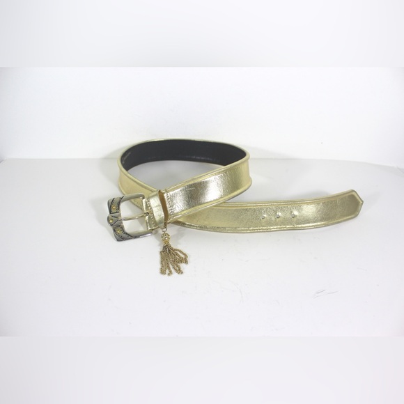 Eighties Gold Lamé Leather Belt with Gold Chain Tassel and Rhinestone Buckle - Picture 2 of 8